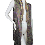 Etro Italian designer sleeveless longline vest in metallic paisley jacquard with ornate beaded collar, photographed at a three-quarter angle.
