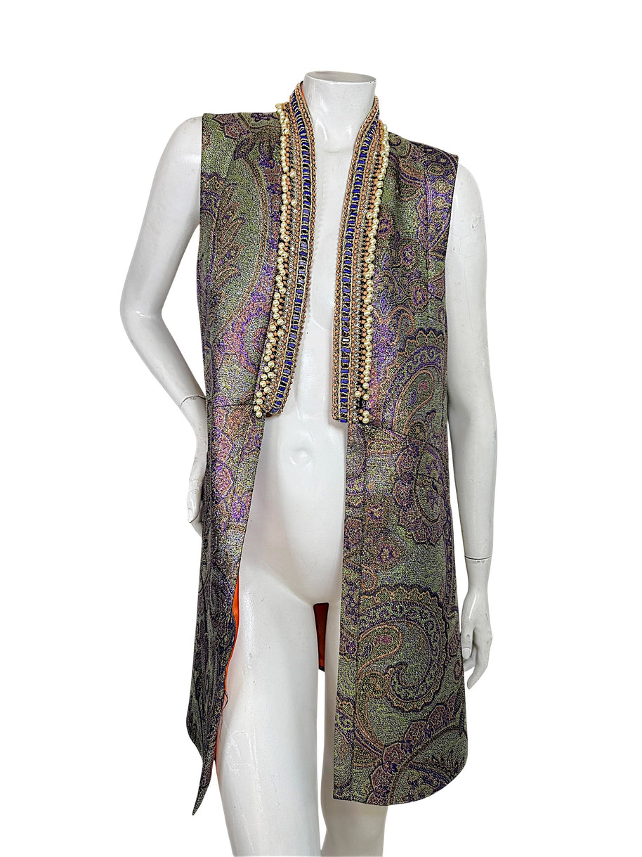 Etro women's metallic paisley jacquard longline vest with pearl and beaded trim in olive green, purple and gold, front view on mannequin.