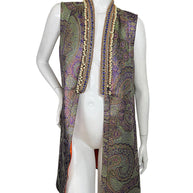 Etro women's metallic paisley jacquard longline vest with pearl and beaded trim in olive green, purple and gold, front view on mannequin.