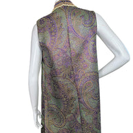 Close-up of Etro vest back showing intricate metallic paisley jacquard weave and raised collar with faux pearls and purple beading.