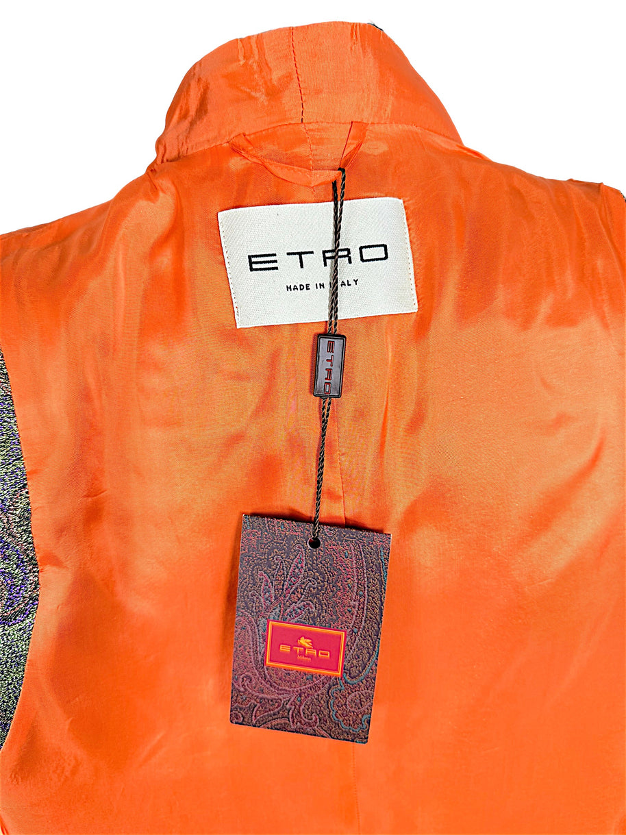 Detailed photograph of Etro Made in Italy woven designer label and attached original retail hangtag on orange interior lining.