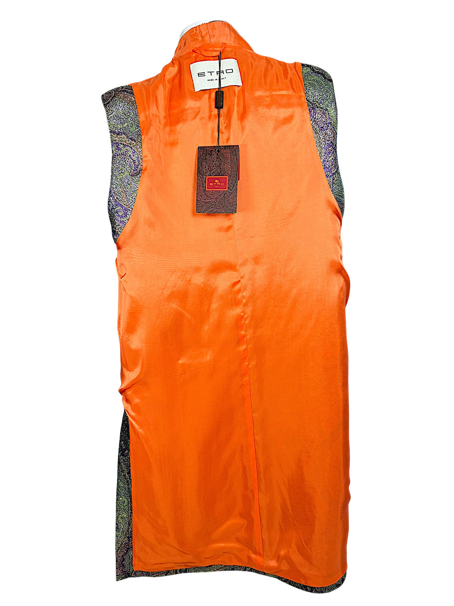 Interior view of Etro Italian longline vest showing vivid orange lining, original designer label and attached retail hangtag.