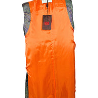 Interior view of Etro Italian longline vest showing vivid orange lining, original designer label and attached retail hangtag.