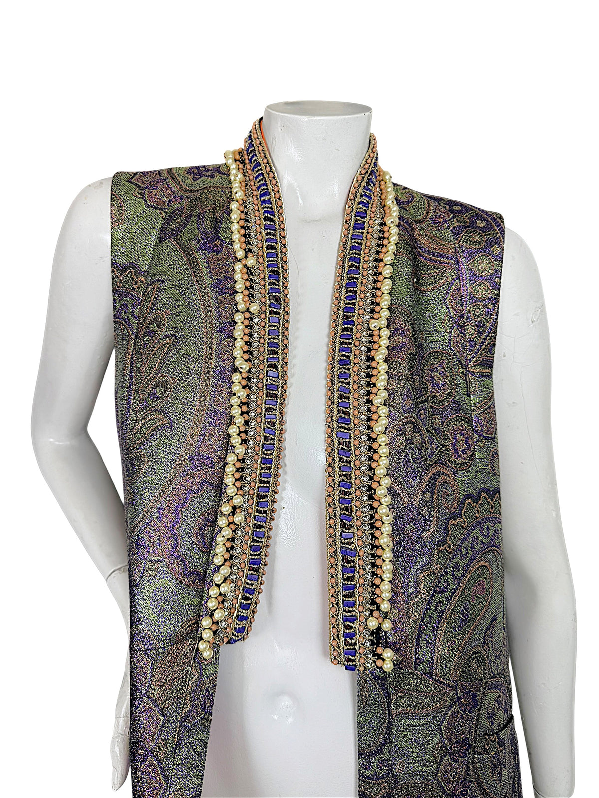 Close-up front view of Etro metallic paisley vest featuring faux pearl embellishments, coral-toned beads and purple decorative trim.