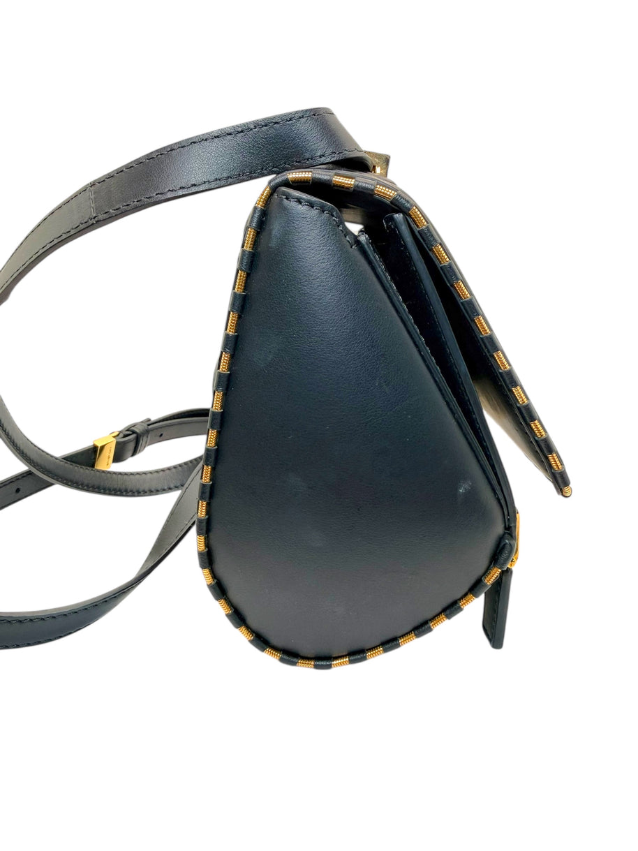 Givenchy Pandora Box black leather bag side profile and strap attachment
