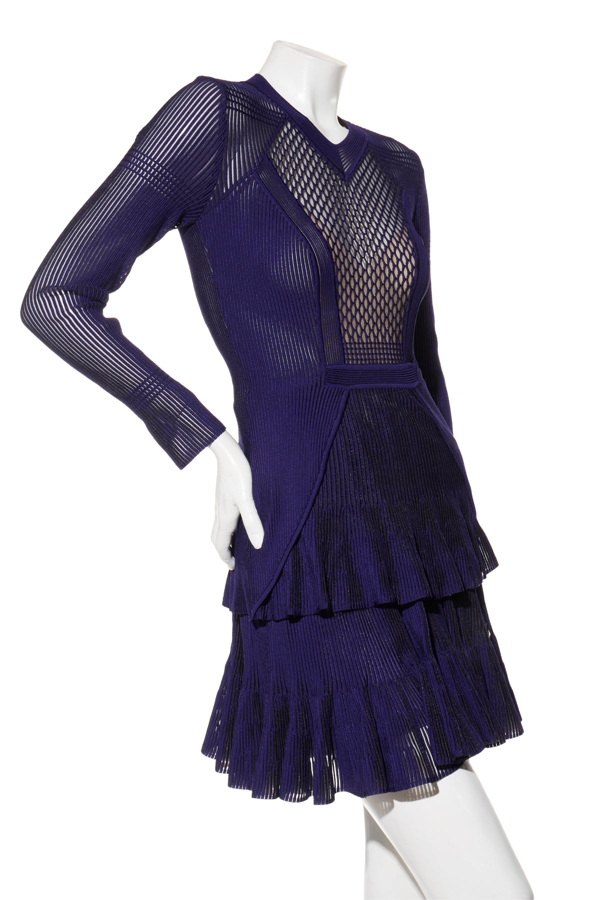 Givenchy violet mesh rib knit tiered mini dress front angle