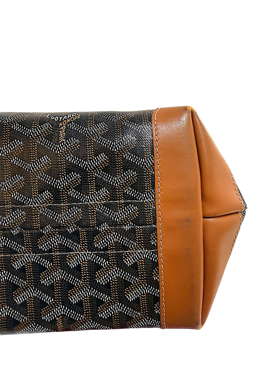 Bottom leather condition detail of authentic Goyard Artois PM tote showing gentle signs of wear.