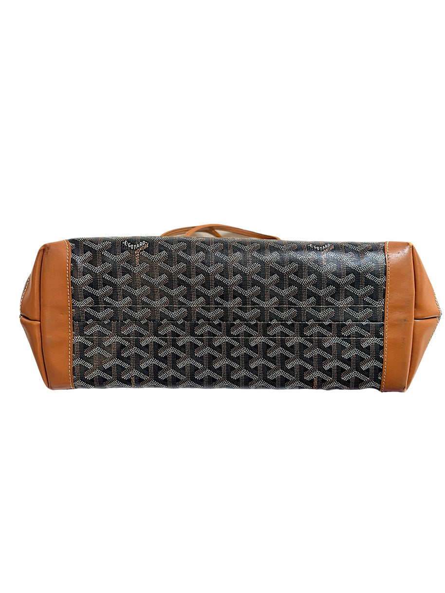 Bottom base view of authentic Goyard Artois PM tote showing leather trim and structured design.