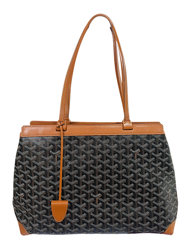 Authentic Goyard Artois PM tote handbag in black Goyardine canvas with tan leather trim front exterior view.