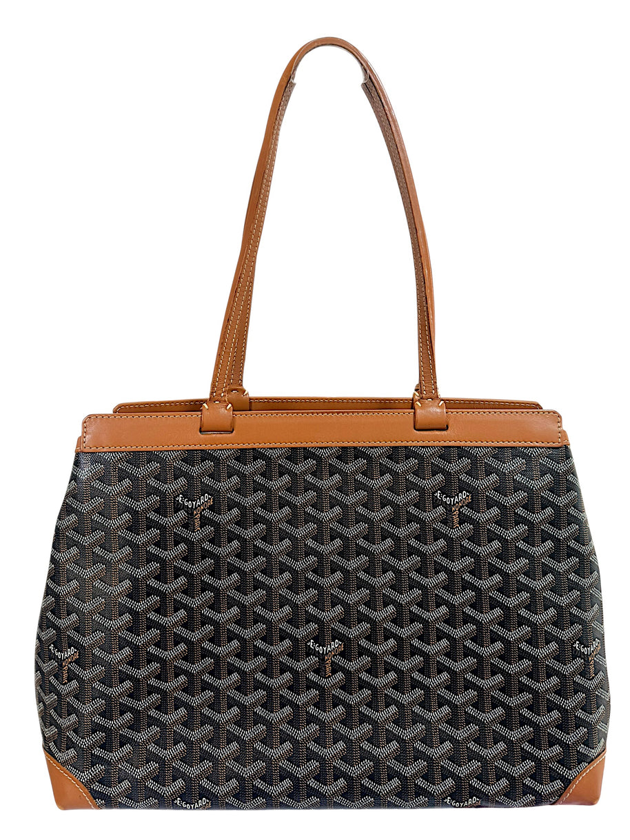 Rear exterior view of authentic Goyard Artois PM tote in black Goyardine canvas with tan leather trim.