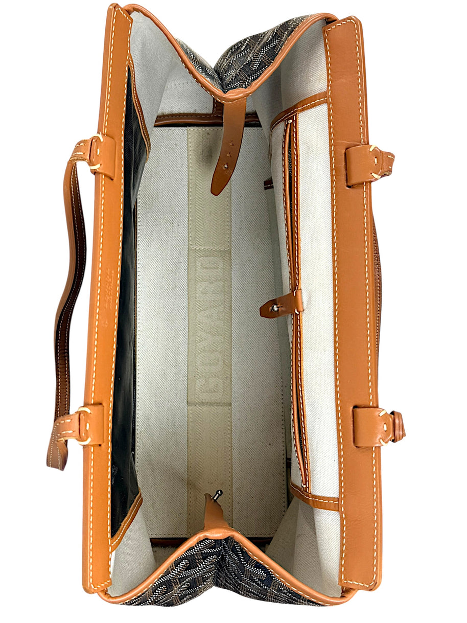 Interior overview of authentic Goyard Artois PM tote showing clean canvas lining and organizational compartments.