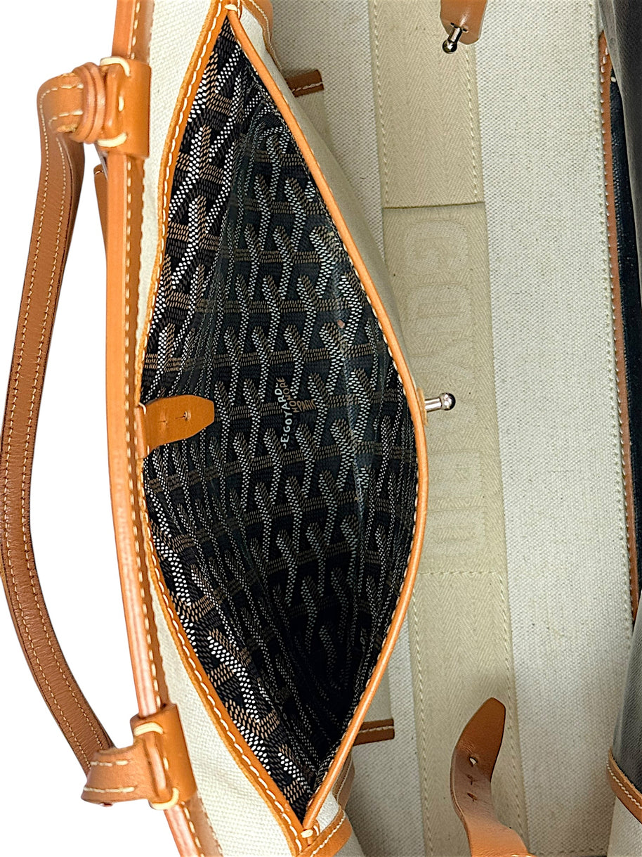 Interior organizational pocket detail of authentic Goyard Artois PM tote with clean canvas lining.
