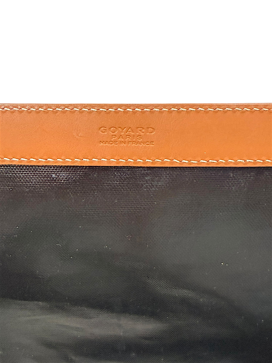 Close-up detail of authentic Goyard Artois PM embossed Goyard Paris Made in France leather stamp.