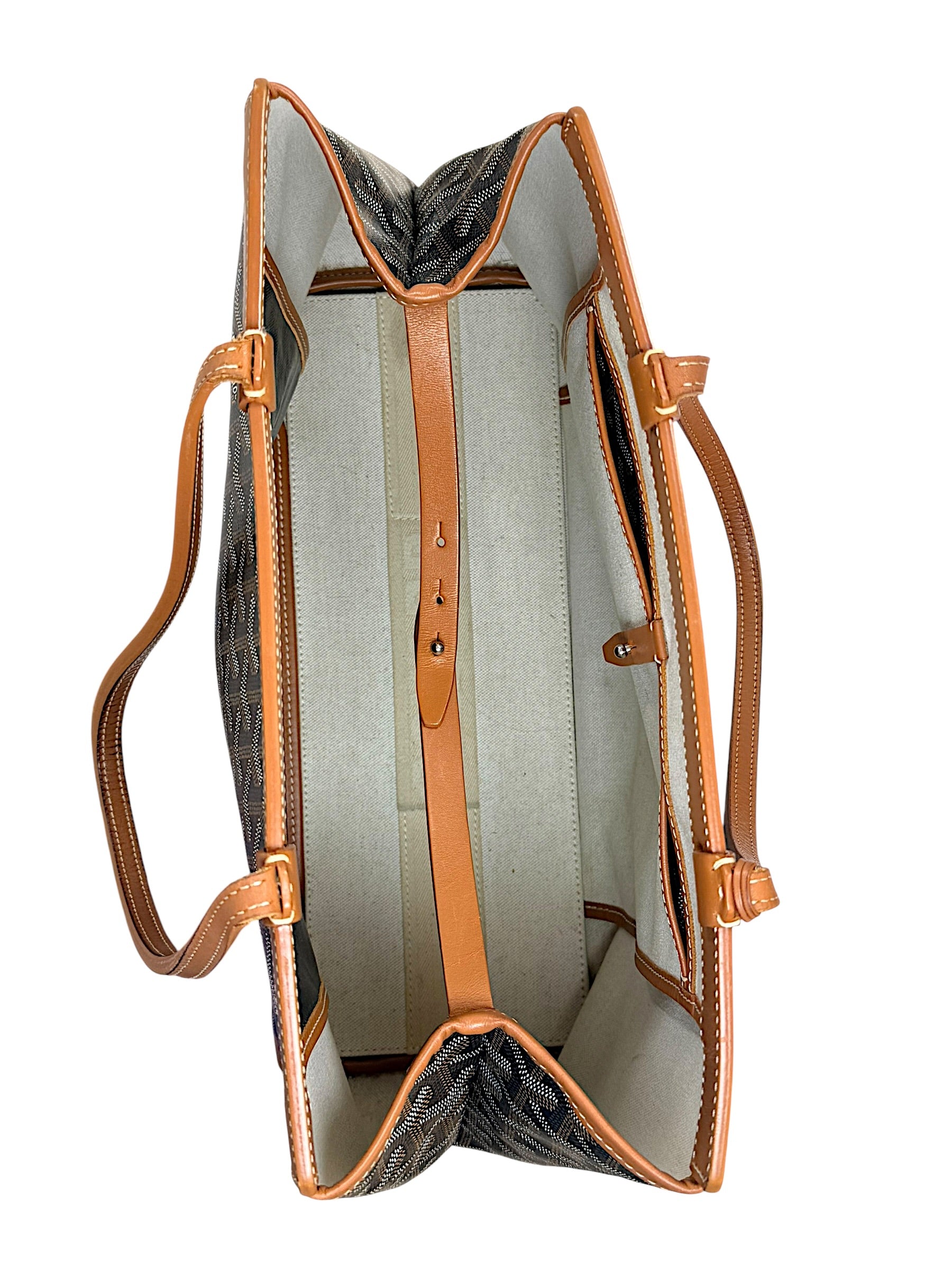 Top-down interior overview of authentic Goyard Artois PM tote showing structured compartments and canvas lining.