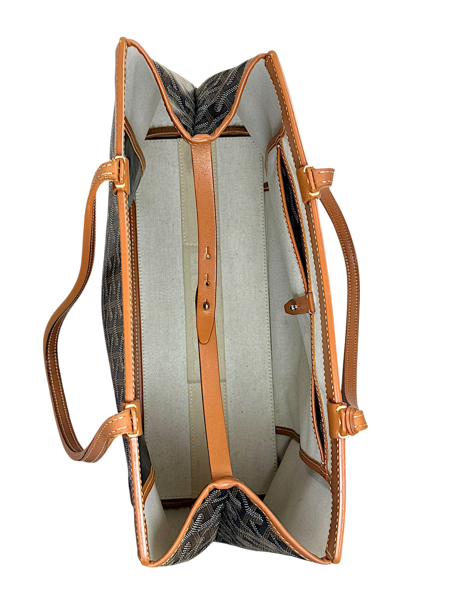 Top-down interior overview of authentic Goyard Artois PM tote showing structured compartments and canvas lining.