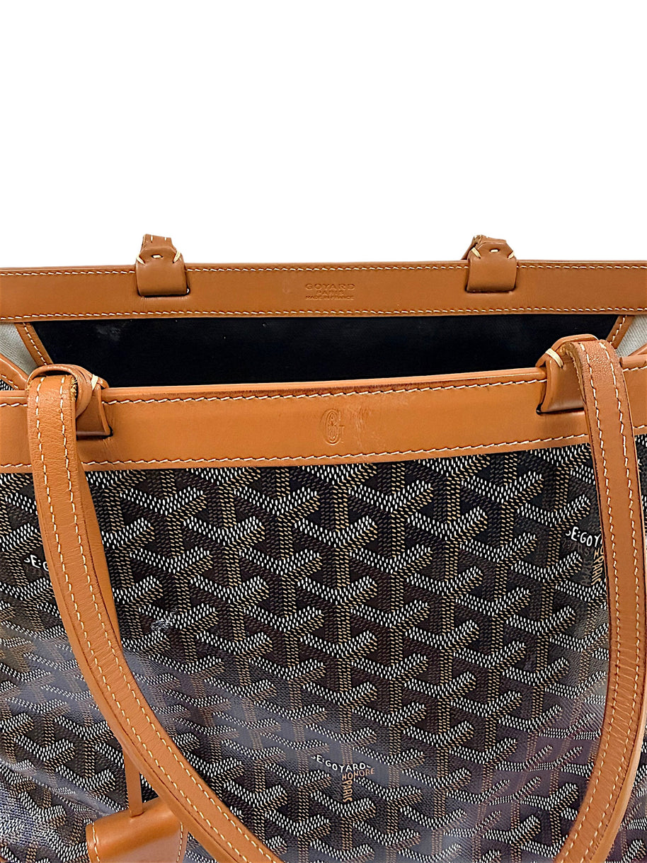Top leather trim and handle detail view of authentic Goyard Artois PM tote.