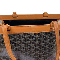 Top leather trim and handle detail view of authentic Goyard Artois PM tote.