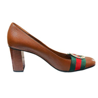 Full right profile of Gucci brown leather pumps with signature green and red Web stripe and GG hardware.