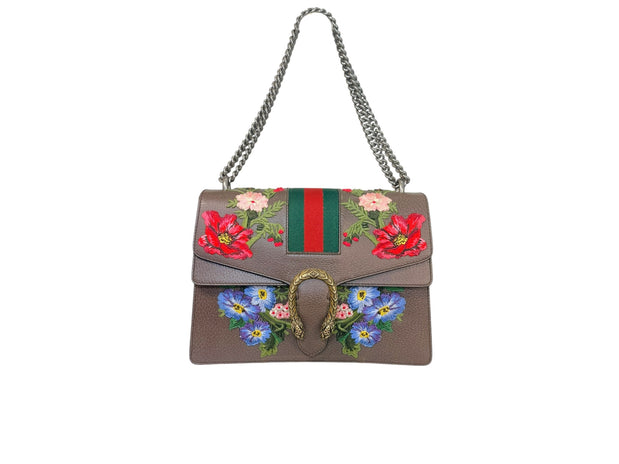 Gucci Dionysus taupe leather shoulder bag with floral embroidery, Web stripe and tiger head closure