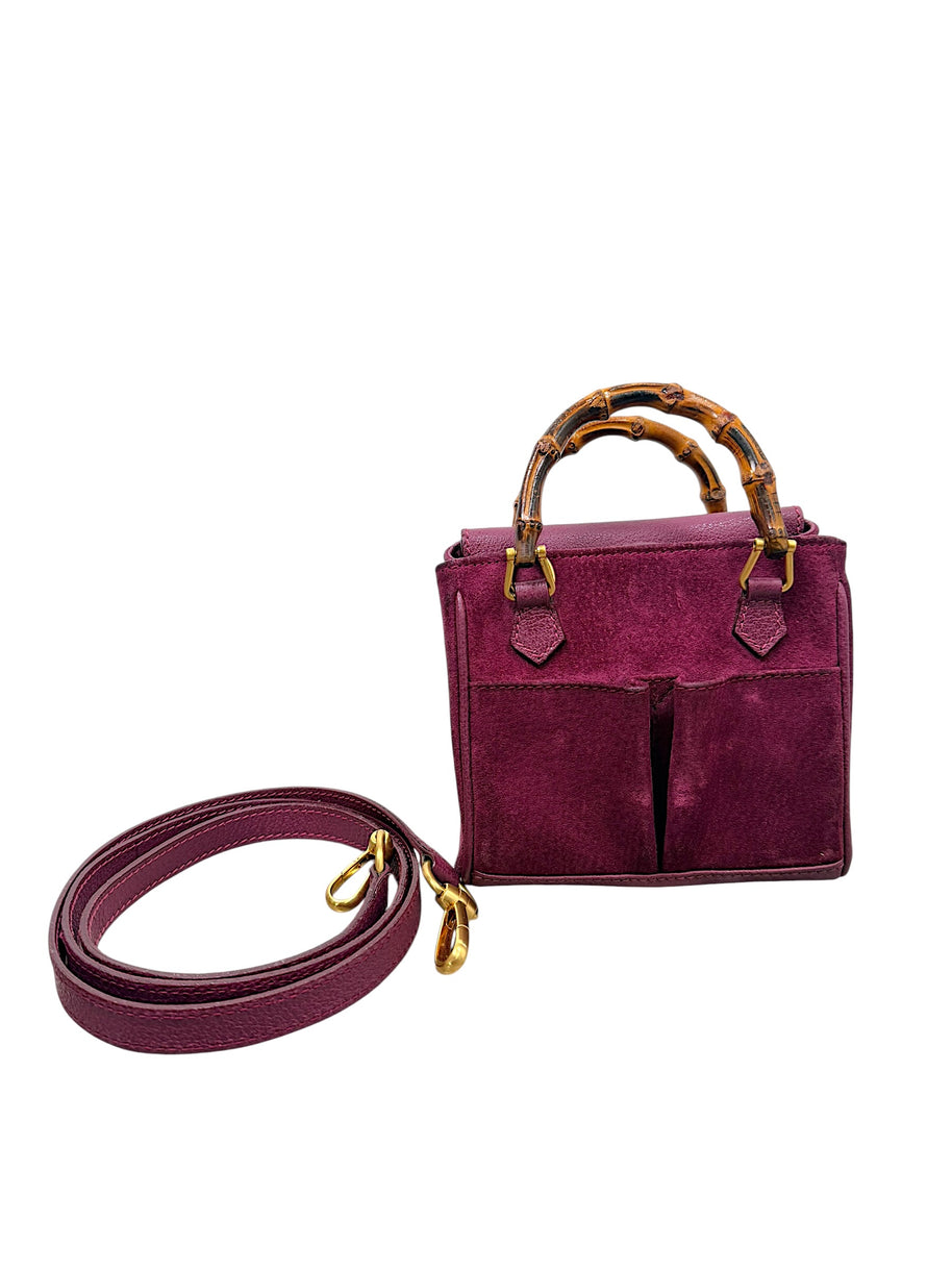 Gucci mini bamboo handle magenta suede top handle crossbody bag with detachable strap