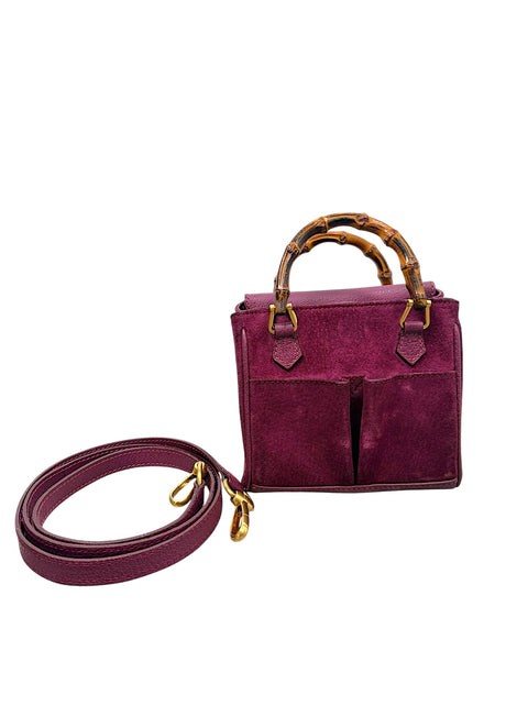 Gucci mini bamboo handle magenta suede top handle crossbody bag with detachable strap