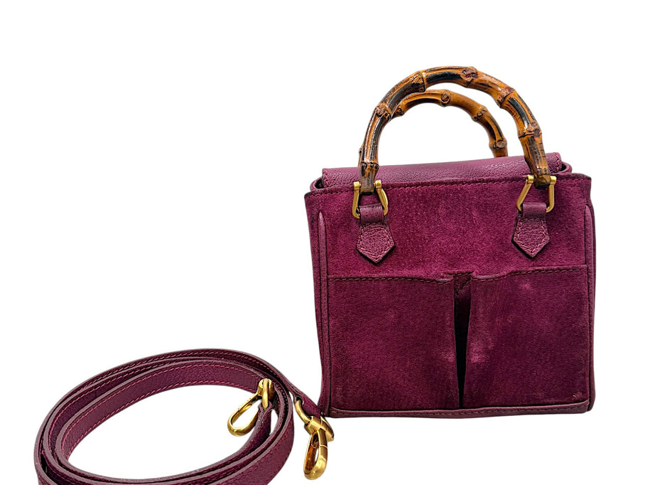 Gucci mini bamboo handle magenta suede top handle crossbody bag with detachable strap