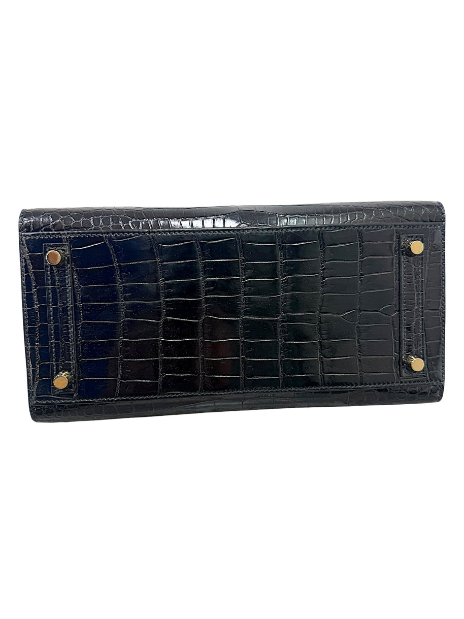 Bottom base view of Hermès Birkin 30 black crocodile handbag with feet