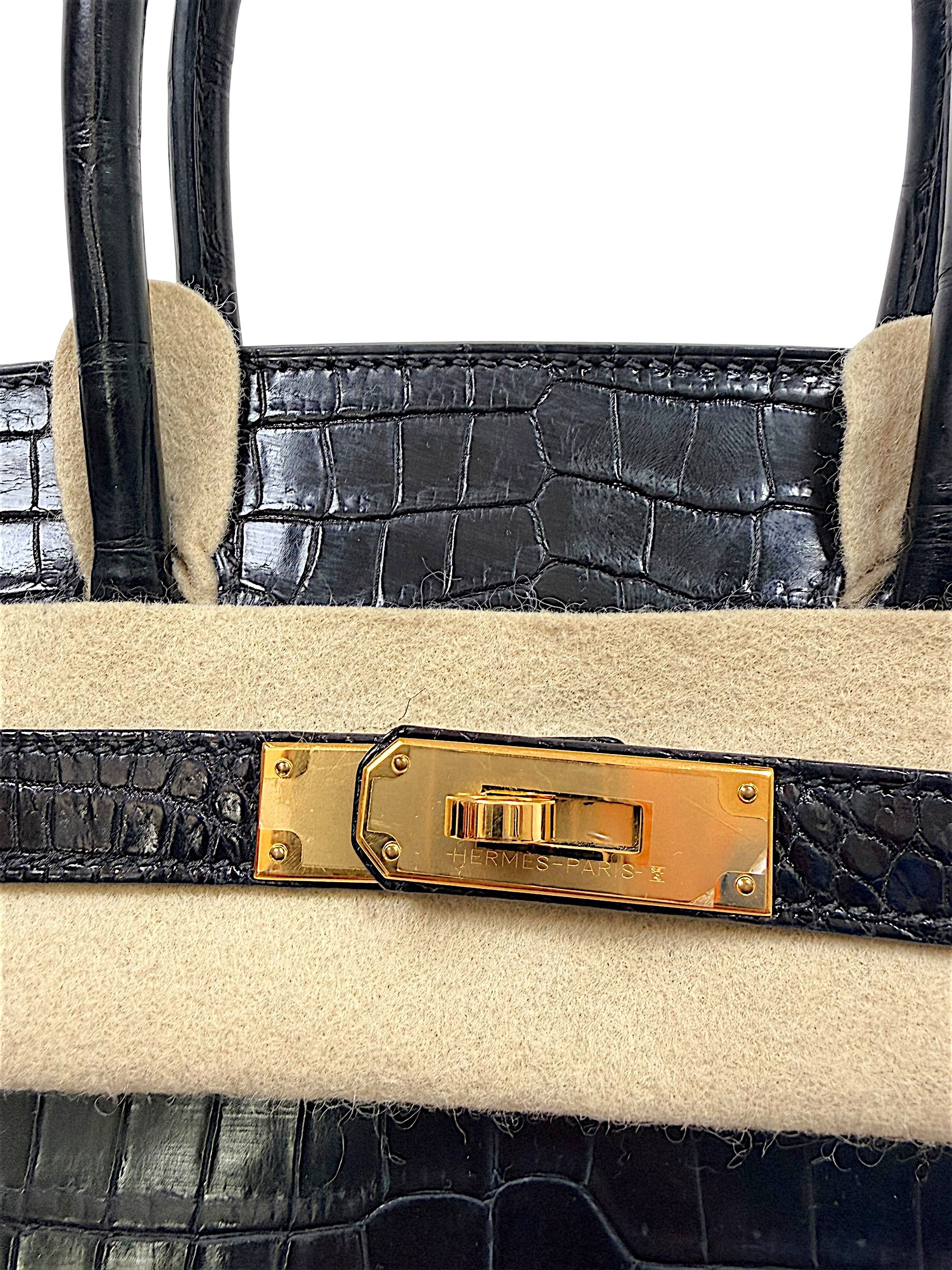 Close-up detail of Hermès Birkin gold hardware turnlock on black crocodile leather