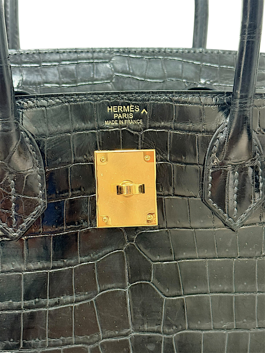 Hermès Paris Made in France embossing on black crocodile leather interior