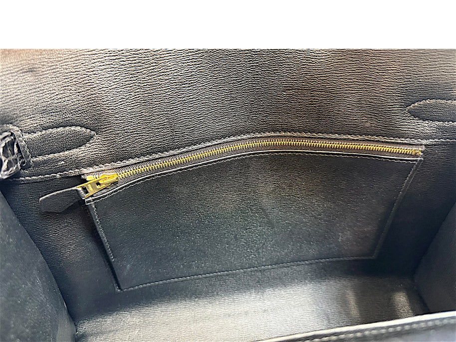 Hermès branded zipper detail inside black crocodile Birkin handbag
