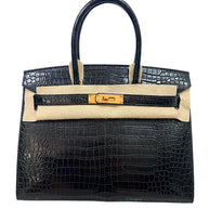 Hermès Birkin 30 Sellier black crocodile handbag with gold hardware front view