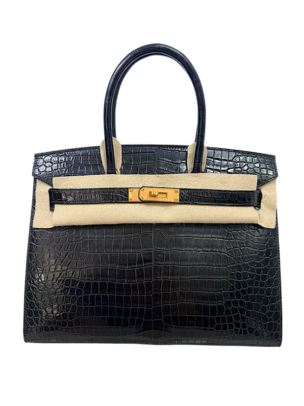 Hermès Birkin 30 Sellier black crocodile handbag with gold hardware front view