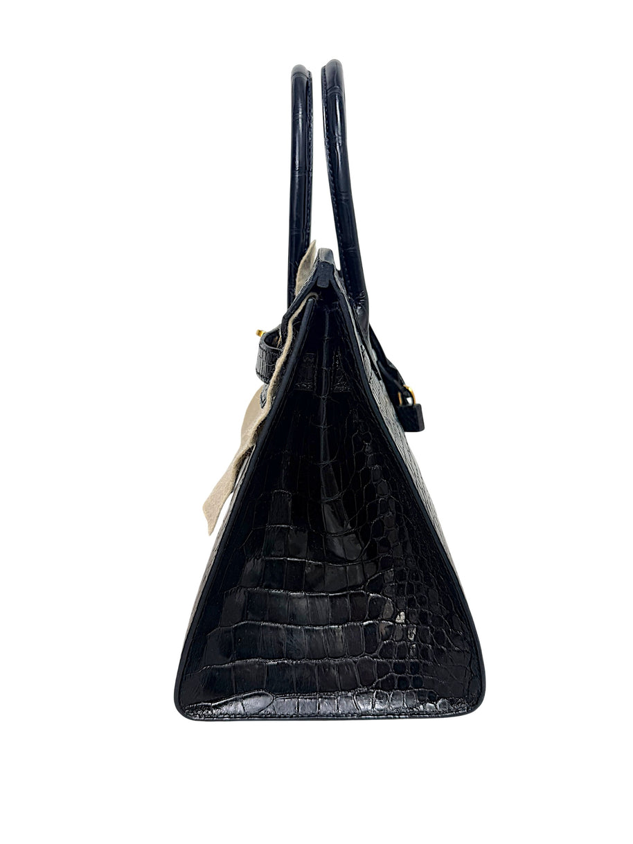 Left side profile of Hermès Birkin 30 Sellier black crocodile bag
