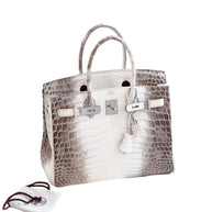 Three-quarter front view of Hermès Himalaya Birkin 30 in matte Niloticus crocodile with palladium hardware and original accessories.