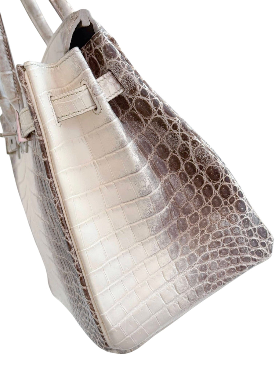 Side profile detail of Hermès Himalaya Birkin 30 showing Niloticus crocodile scale pattern and signature Himalaya gradient coloration.