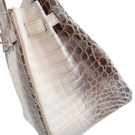Side profile detail of Hermès Himalaya Birkin 30 showing Niloticus crocodile scale pattern and signature Himalaya gradient coloration.
