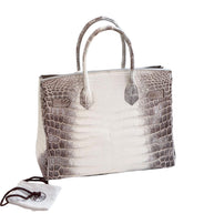 Rear view of Hermès Himalaya Birkin 30 in matte Niloticus crocodile showcasing symmetrical white and smoky gris gradient pattern.