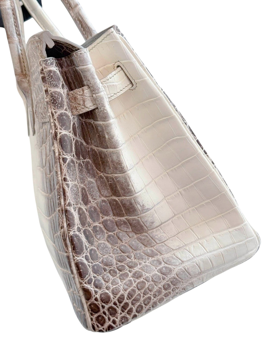 Right side profile of Hermès Himalaya Niloticus Crocodile Birkin 30 with structured silhouette and palladium hardware.