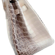Right side profile of Hermès Himalaya Niloticus Crocodile Birkin 30 with structured silhouette and palladium hardware.