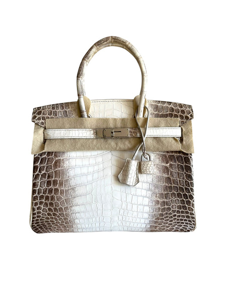 Hermès Himalaya Niloticus Crocodile Birkin 30 handbag with palladium hardware front view featuring signature white-to-gris gradient and clochette.