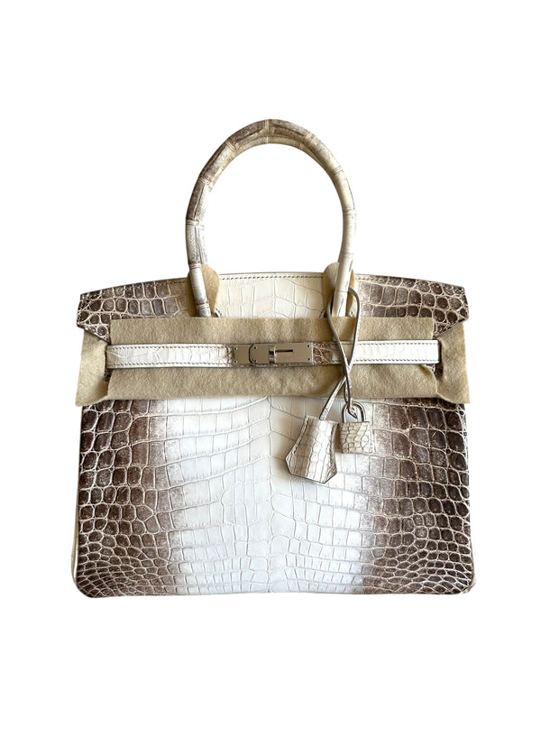Hermès Himalaya Niloticus Crocodile Birkin 30 handbag with palladium hardware front view featuring signature white-to-gris gradient and clochette.