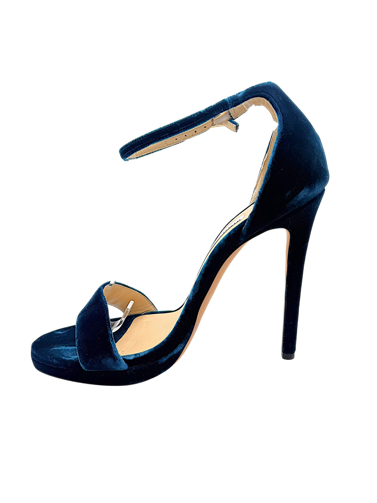 Opposite side view of Jimmy Choo Misty 120 teal blue velvet open-toe sandal featuring a curved leather insole, ankle strap and covered heel.