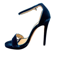 Opposite side view of Jimmy Choo Misty 120 teal blue velvet open-toe sandal featuring a curved leather insole, ankle strap and covered heel.