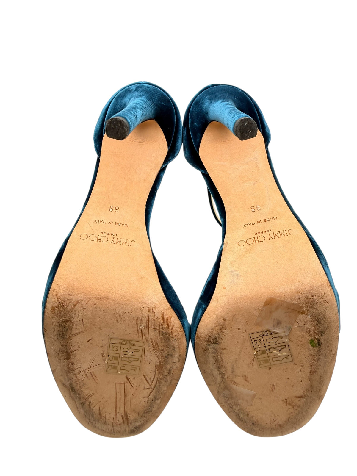 Close-up of Jimmy Choo Misty 120 leather outsoles with Made in Italy markings, European size 39 stamps and visible wear on the forefoot.