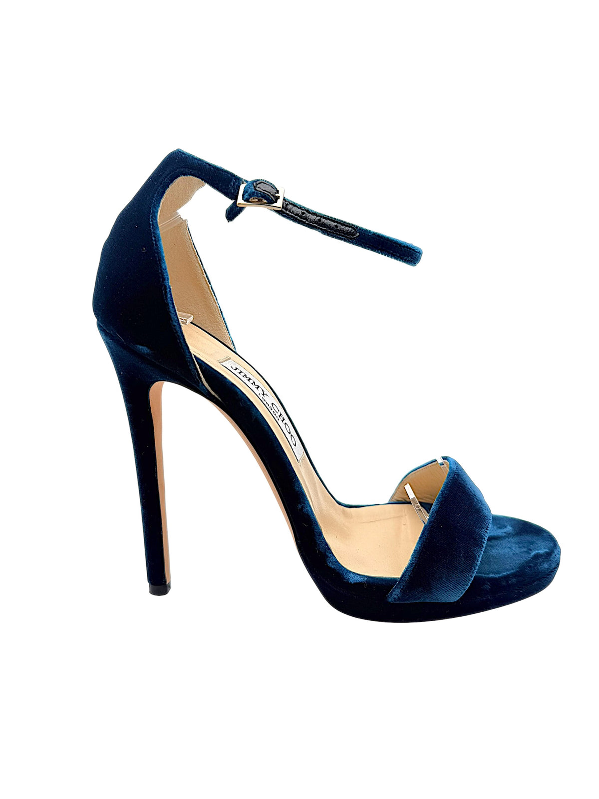 Side profile of Jimmy Choo Misty 120 teal velvet sandal showing its high stiletto heel, subtle front platform and adjustable ankle buckle.