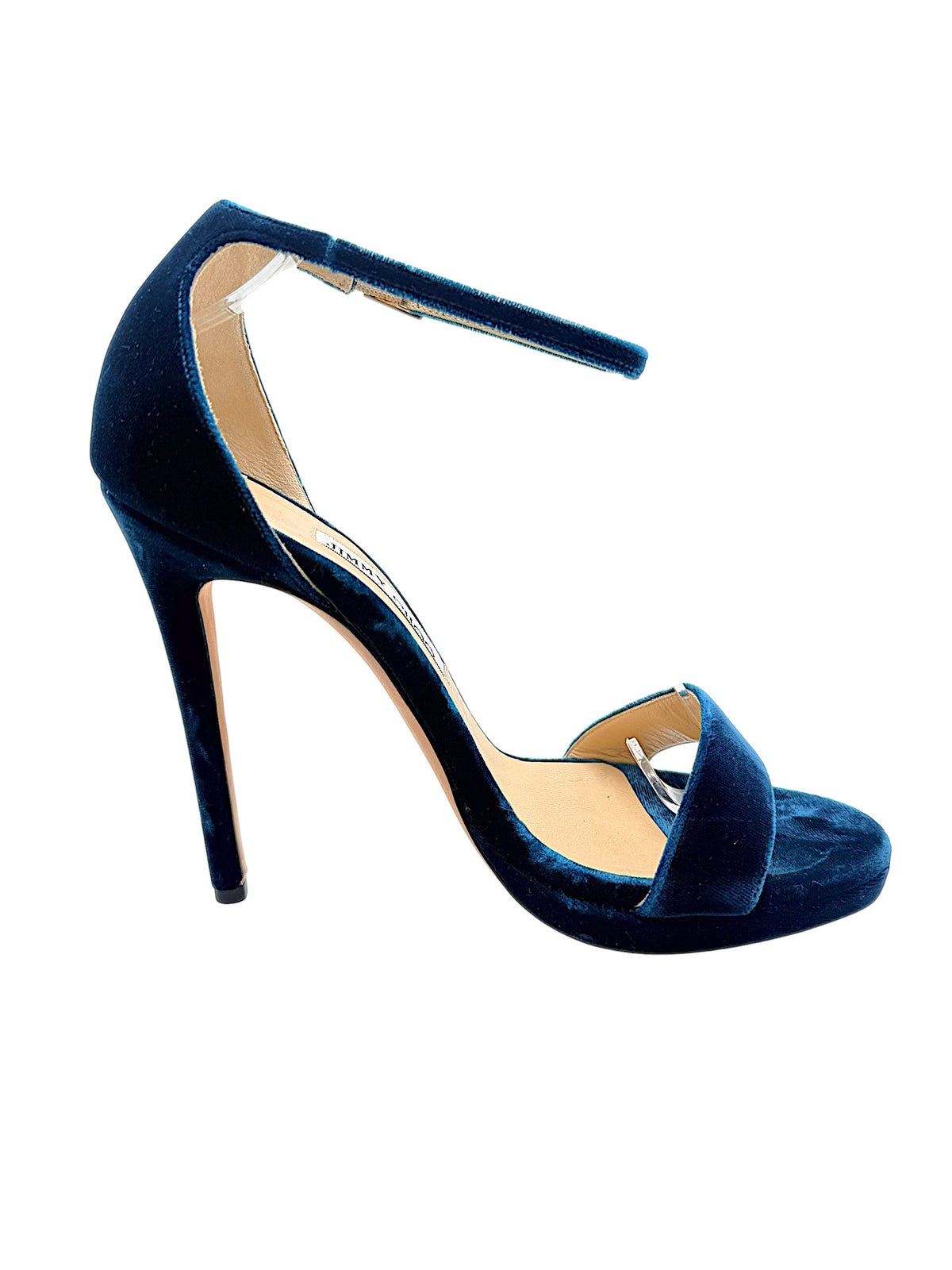 Side detail of Jimmy Choo Misty 120 teal velvet platform sandal highlighting the wide front strap, sculpted heel counter and slim stiletto.
