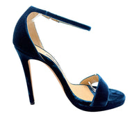 Side detail of Jimmy Choo Misty 120 teal velvet platform sandal highlighting the wide front strap, sculpted heel counter and slim stiletto.