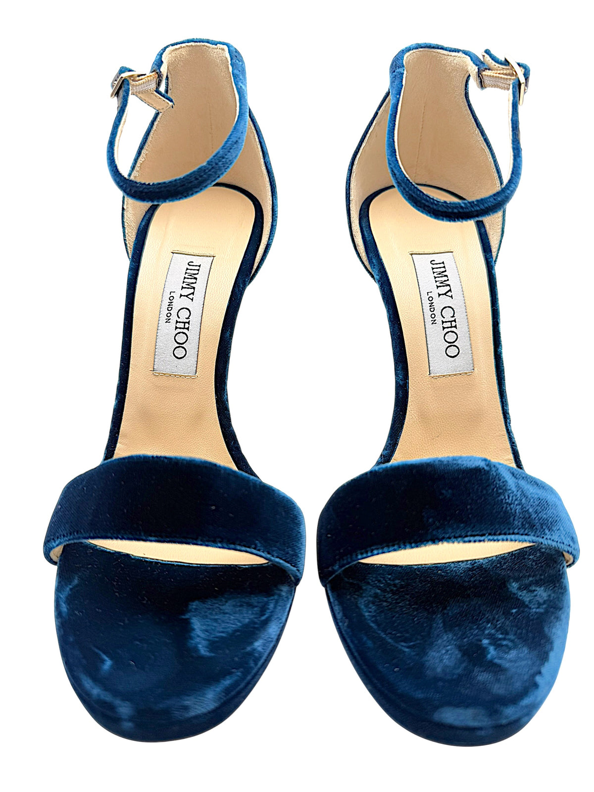 Close-up front view of Jimmy Choo Misty 120 teal velvet platform sandals, size EU 39, showing branded beige leather insoles, wide velvet toe straps and adjustable ankle buckles.
