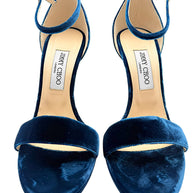 Close-up front view of Jimmy Choo Misty 120 teal velvet platform sandals, size EU 39, showing branded beige leather insoles, wide velvet toe straps and adjustable ankle buckles.