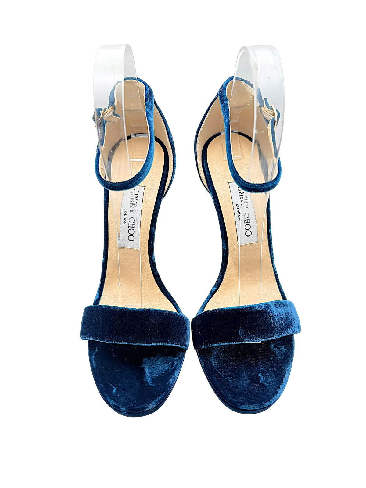 Front view of Jimmy Choo Misty 120 deep teal velvet evening sandals with wide toe straps, slim ankle straps and beige leather insoles.